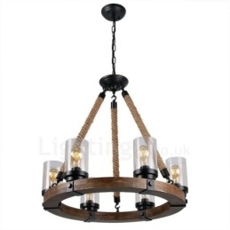 6 Light Ring Vintage puinen kattokruunu Industrial Wind Loft puinen lineaarinen riippuvalaisin