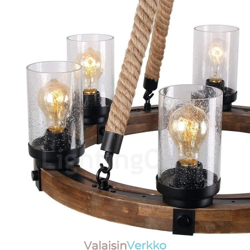 6 Light Ring Vintage puinen kattokruunu Industrial Wind Loft puinen lineaarinen riippuvalaisin