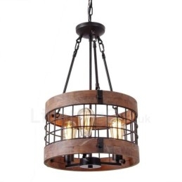 3 Light Drum Vintage puinen kattokruunu Industrial Wind Loft Puinen lineaarinen riippuvalaisin