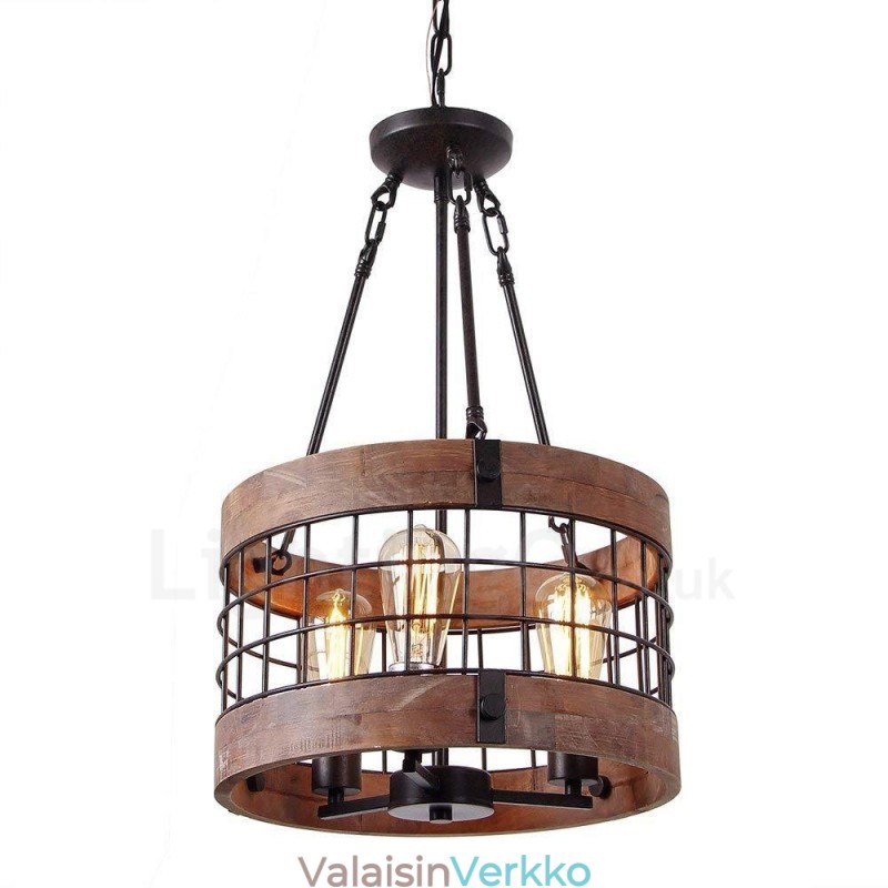 3 Light Drum Vintage puinen kattokruunu Industrial Wind Loft Puinen lineaarinen riippuvalaisin