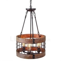 3 Light Drum Vintage puinen kattokruunu Industrial Wind Loft Puinen lineaarinen riippuvalaisin