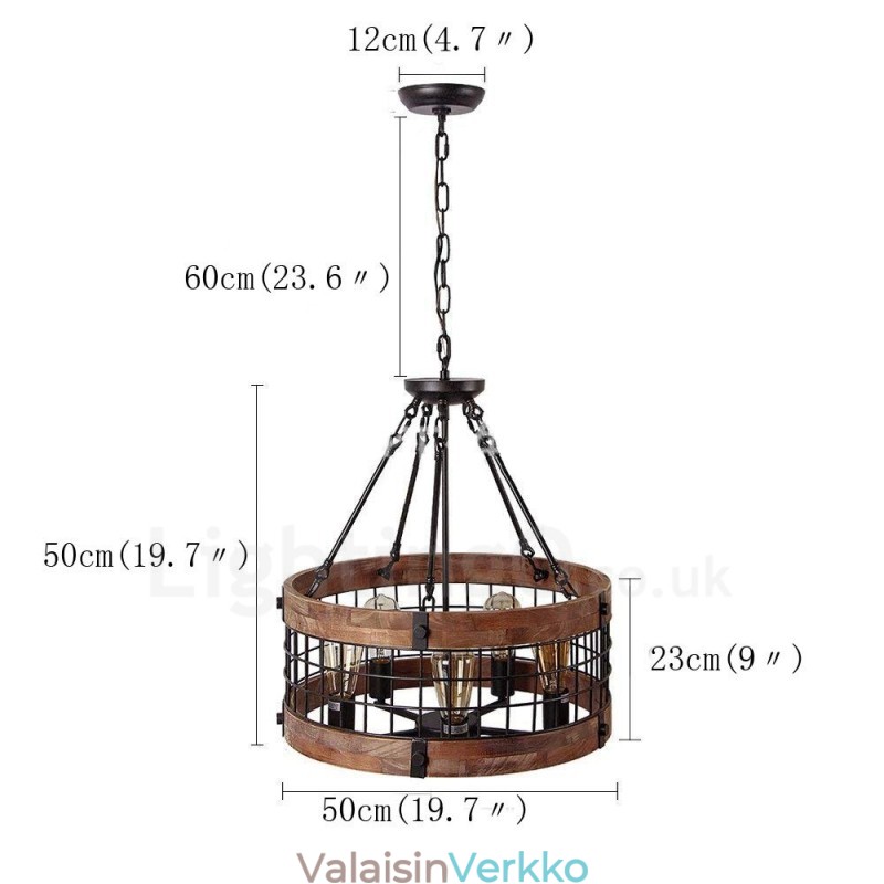5 Light Drum Vintage puinen kattokruunu Industrial Wind Loft Puinen lineaarinen riippuvalaisin