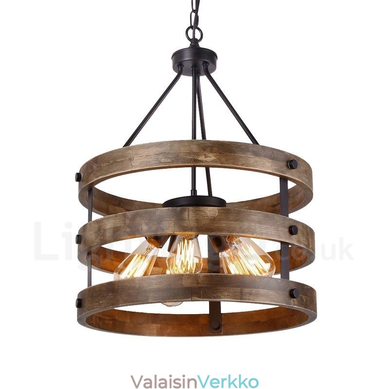 5 Light Drum Vintage puinen kattokruunu Industrial Wind Loft Puinen lineaarinen riippuvalaisin