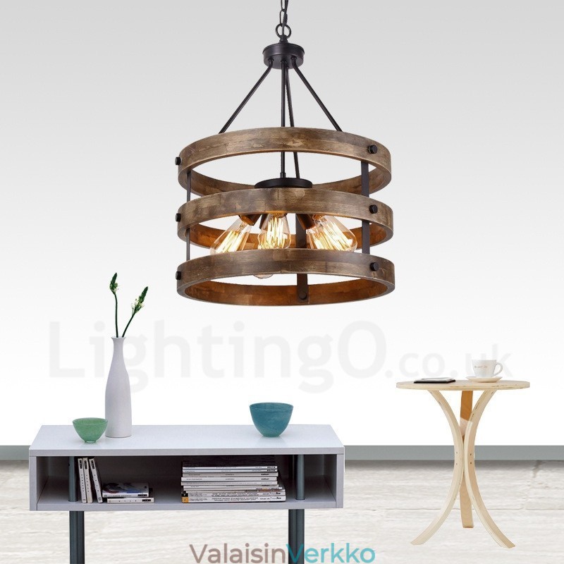 5 Light Drum Vintage puinen kattokruunu Industrial Wind Loft Puinen lineaarinen riippuvalaisin