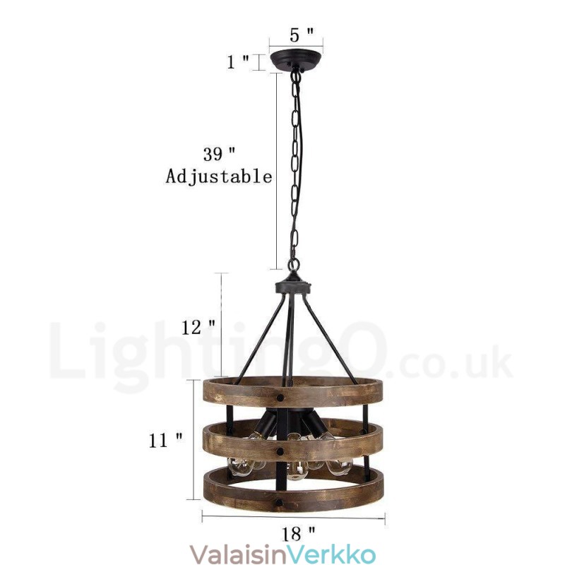 5 Light Drum Vintage puinen kattokruunu Industrial Wind Loft Puinen lineaarinen riippuvalaisin