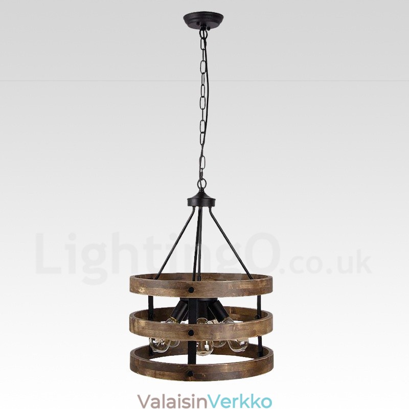 5 Light Drum Vintage puinen kattokruunu Industrial Wind Loft Puinen lineaarinen riippuvalaisin