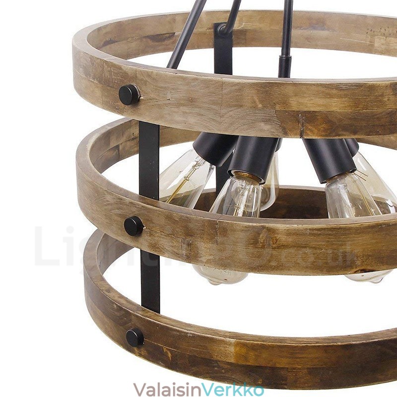 5 Light Drum Vintage puinen kattokruunu Industrial Wind Loft Puinen lineaarinen riippuvalaisin