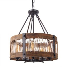 5 Light Drum Vintage puinen kattokruunu Industrial Wind Loft Puinen lineaarinen riippuvalaisin