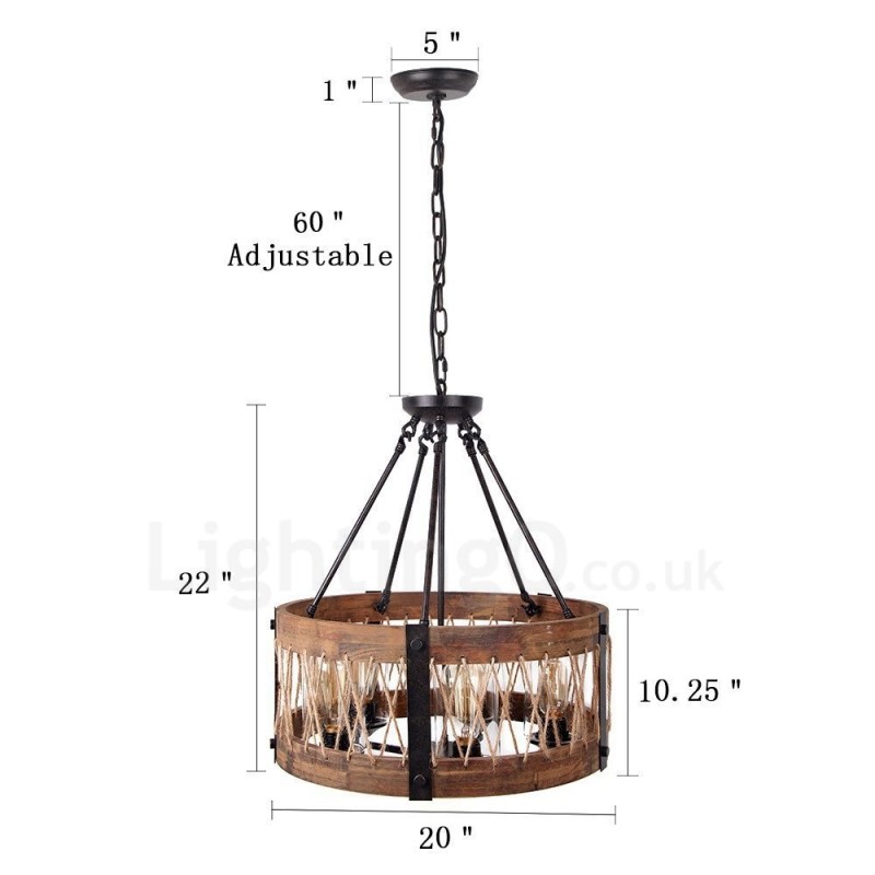 5 Light Drum Vintage puinen kattokruunu Industrial Wind Loft Puinen lineaarinen riippuvalaisin