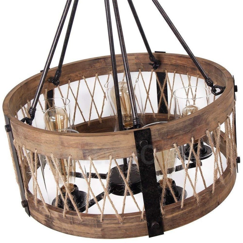 5 Light Drum Vintage puinen kattokruunu Industrial Wind Loft Puinen lineaarinen riippuvalaisin