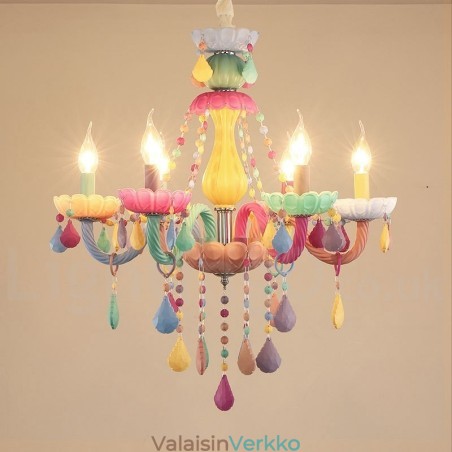 Macaron 6 kevyt kattokruunu monivärisellä kristallikynttilä minityylillä lasten lapsille Macaron 6 kevyt kattokruunu monivärisellä kristallikynttilä minityylillä lasten lapsille