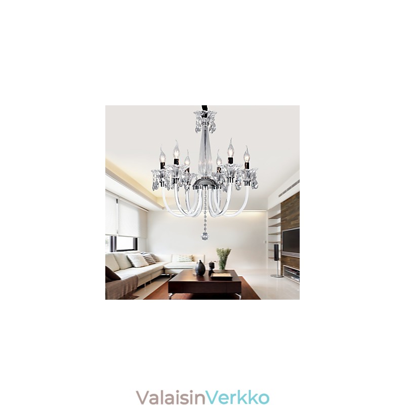 Tyylikäs kristallikruunu 6 valolla kynttiläpolttimossa