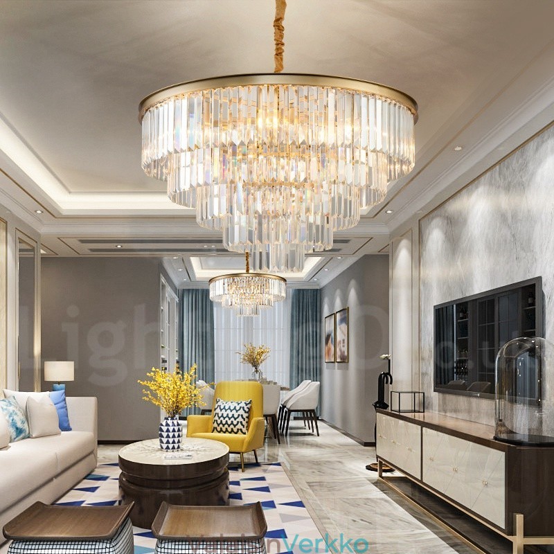 Postmoderni Luxury Round K9 Crystal Pendant Chandelier Lights -näyttelyhalli