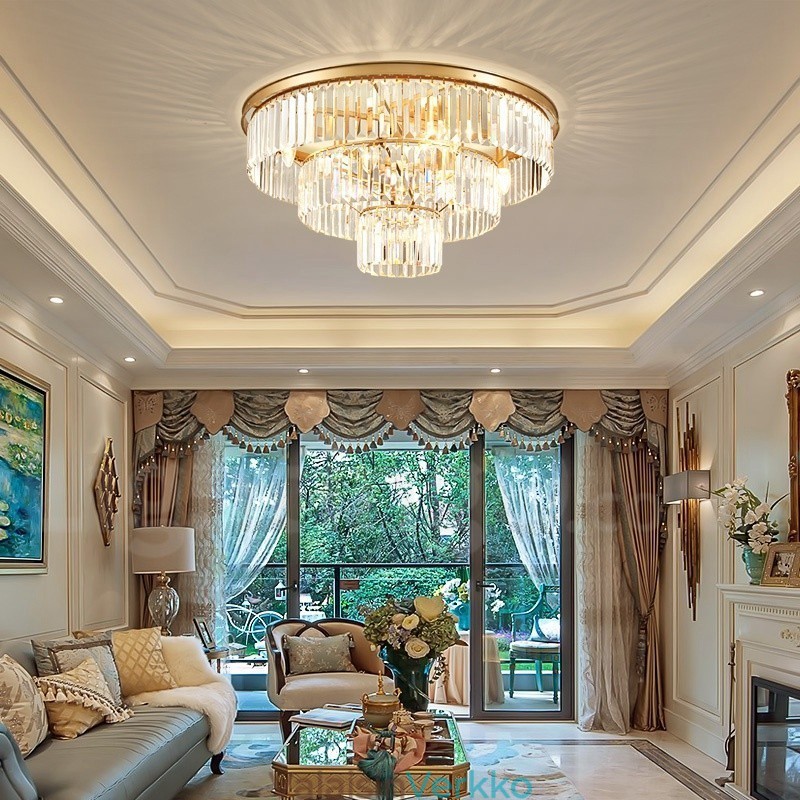 Postmoderni Luxury Round K9 Crystal Flush Mount Ceiling Light Exhibition Hall