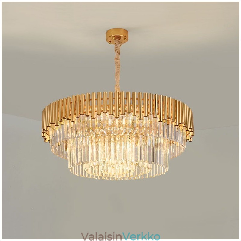 Postmoderni Gold Luxury Round K9 Crystal Pendant -kattokruunuvalojen messuhalli