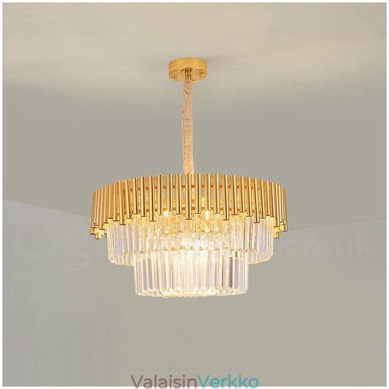 Postmoderni Gold Luxury Round K9 Crystal Pendant -kattokruunuvalojen messuhalli