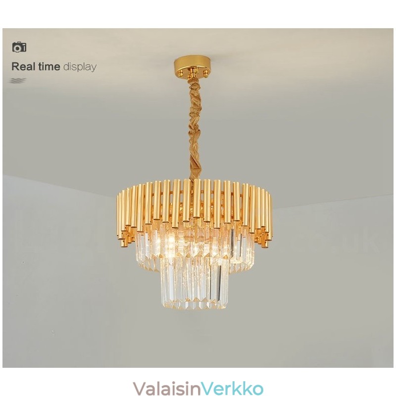 Postmoderni Gold Luxury Round K9 Crystal Pendant -kattokruunuvalojen messuhalli