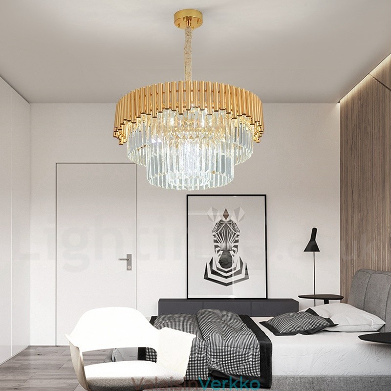 Postmoderni Gold Luxury Round K9 Crystal Pendant -kattokruunuvalojen messuhalli
