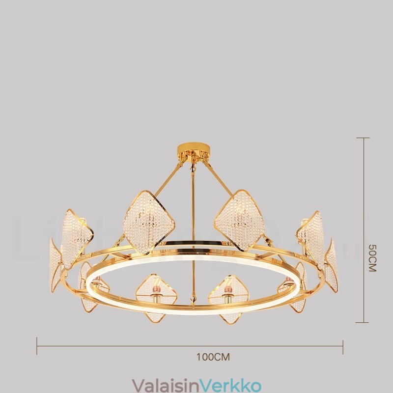 Kultainen Postmoderni Luxury Pyöreä K9 Kristalliriippuvainen kattokruunu akryylivarjostimella -näyttelyhalli