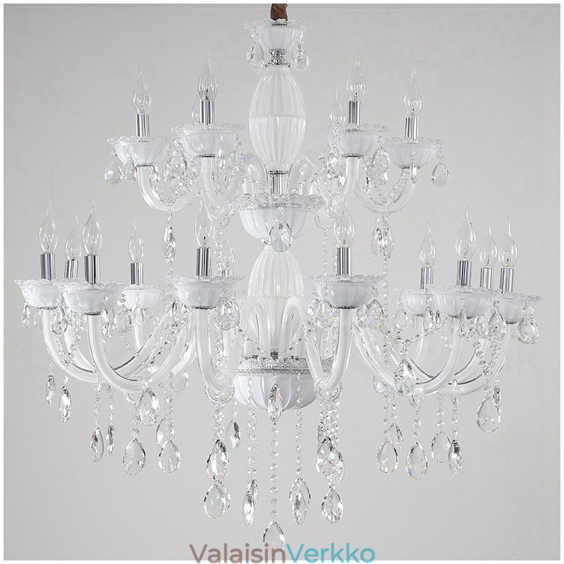 18 (12+6) Vaaleanvalkoinen tyylikäs kynttiläkruunu kristallilla