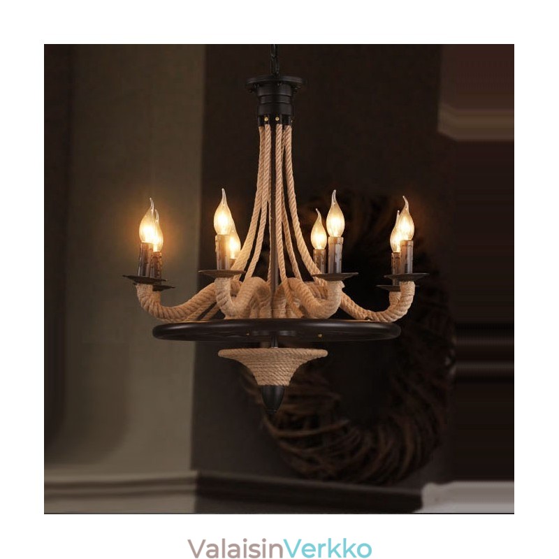 8 valokynttilä Teollisuustyylinen hamppuköysiriippuvainen kattokruunu