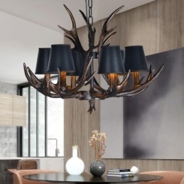 6 Vaaleanmusta maalaismainen taiteellinen Retro Antler Antler kattokruunu varjostimilla