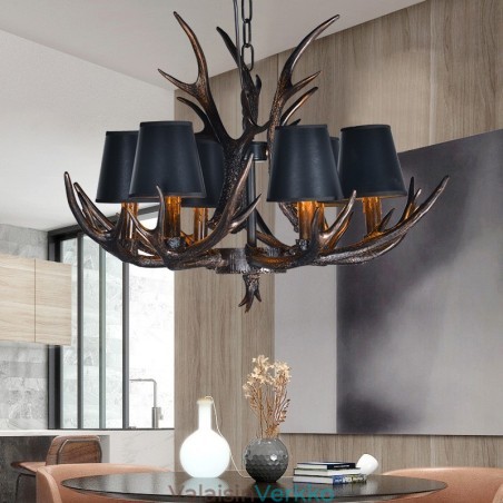 6 Vaaleanmusta maalaismainen taiteellinen Retro Antler Antler kattokruunu varjostimilla 6 Vaaleanmusta maalaismainen taiteellinen Retro Antler Antler kattokruunu varjostimilla