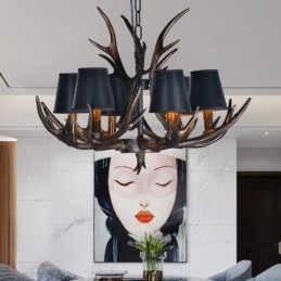 6 Vaaleanmusta maalaismainen taiteellinen Retro Antler Antler kattokruunu varjostimilla
