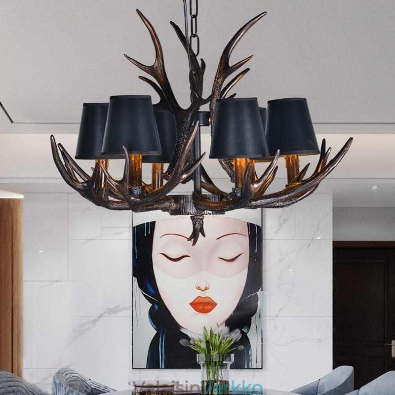 6 Vaaleanmusta maalaismainen taiteellinen Retro Antler Antler kattokruunu varjostimilla
