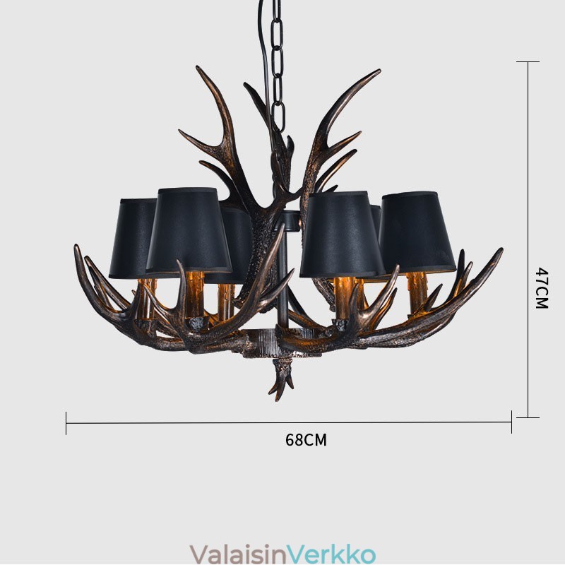 6 Vaaleanmusta maalaismainen taiteellinen Retro Antler Antler kattokruunu varjostimilla