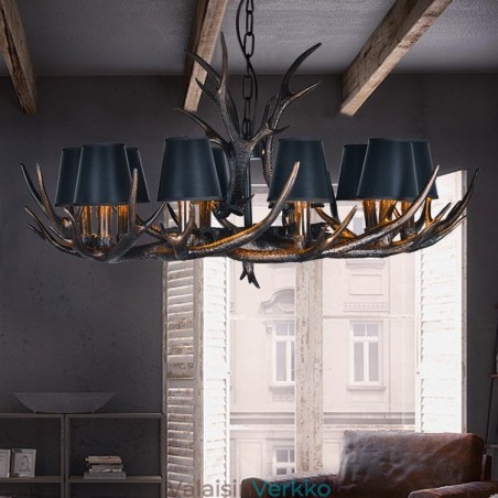Retro Antler antiikkinen kattokruunu varjostimilla Retro Antler antiikkinen kattokruunu varjostimilla