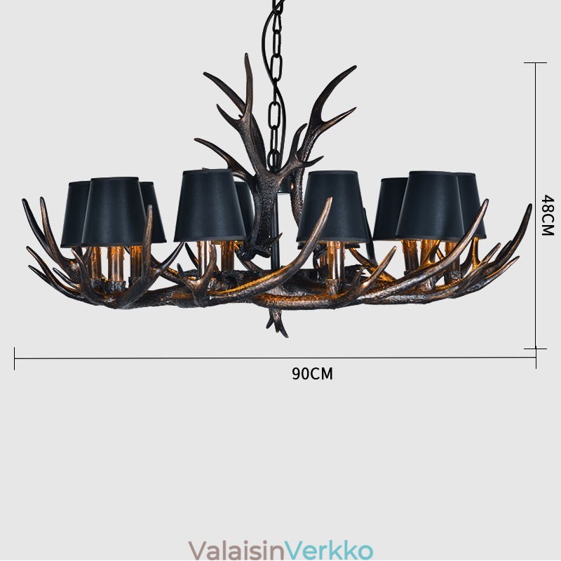 Retro Antler antiikkinen kattokruunu varjostimilla