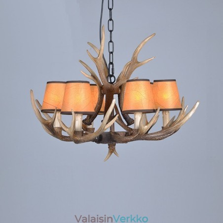 6 Vaalea maalaismainen taiteellinen Retro Antler Antler kattokruunu varjostimilla 6 Vaalea maalaismainen taiteellinen Retro Antler Antler kattokruunu varjostimilla