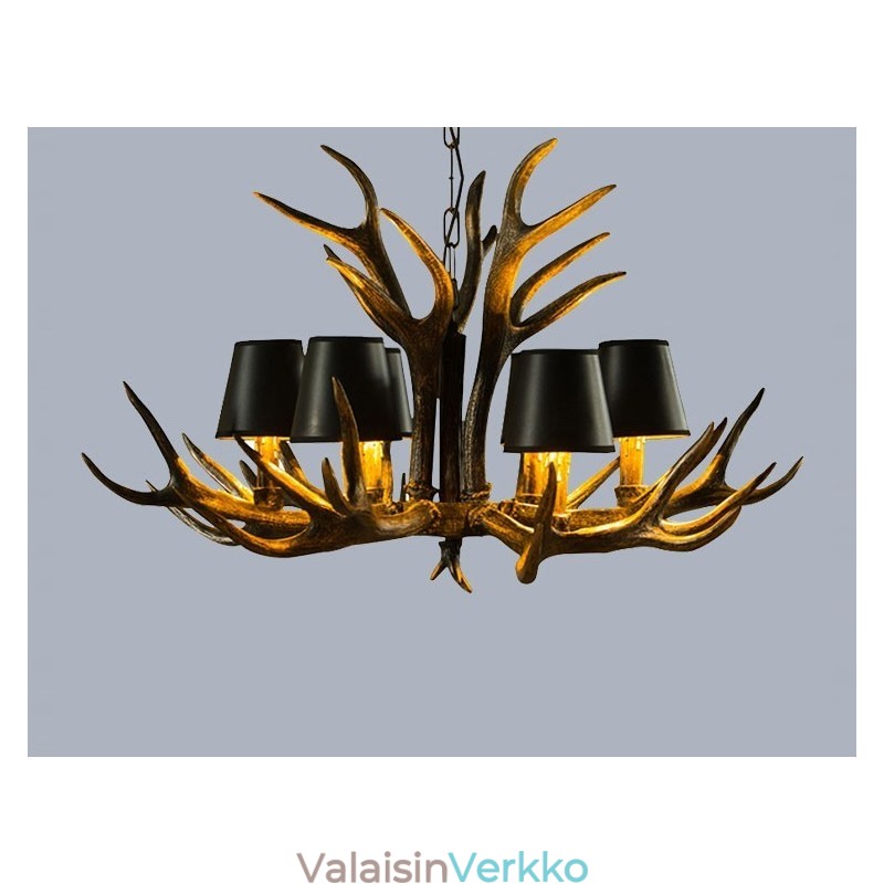 6 Vaaleanmusta maalaismainen taiteellinen Retro Antler Antler kattokruunu varjostimilla