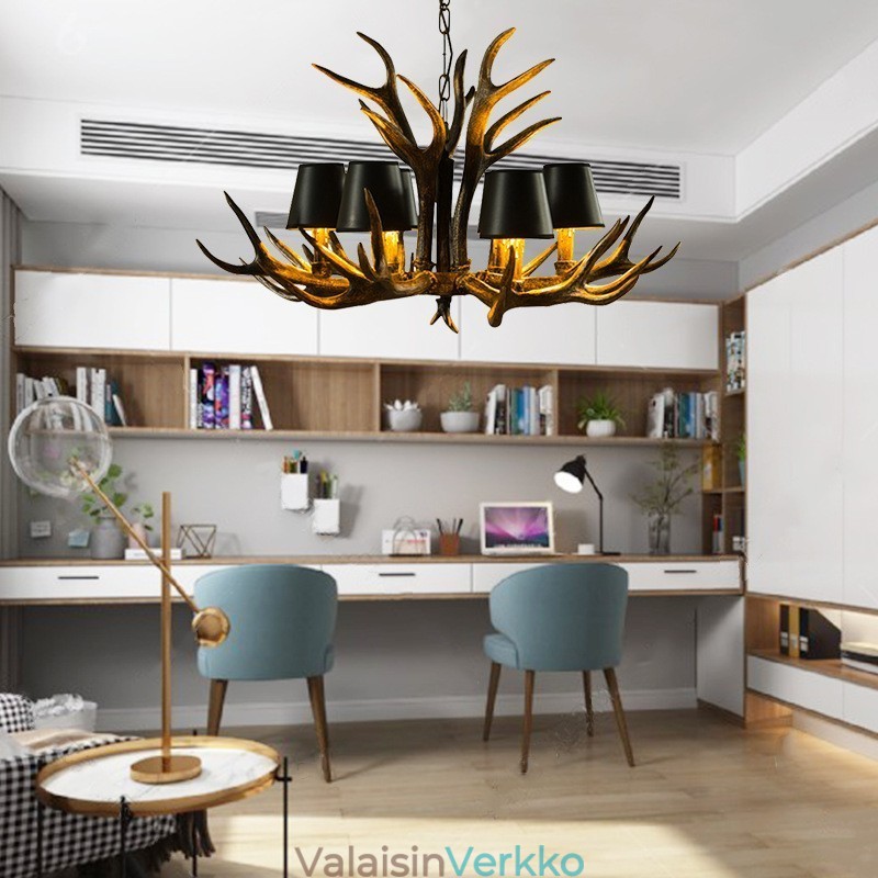 6 Vaaleanmusta maalaismainen taiteellinen Retro Antler Antler kattokruunu varjostimilla