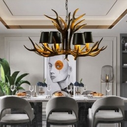 6 Vaaleanmusta maalaismainen taiteellinen Retro Antler Antler kattokruunu varjostimilla