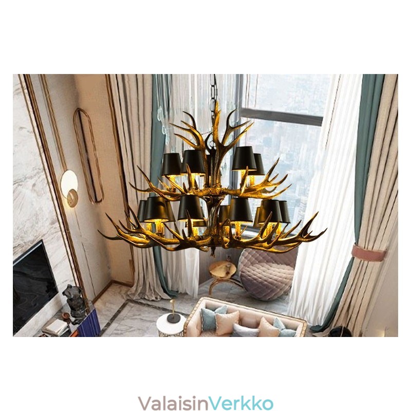15 Vaaleanmusta maalaismainen taiteellinen Retro Antler Antler kattokruunu varjostimilla