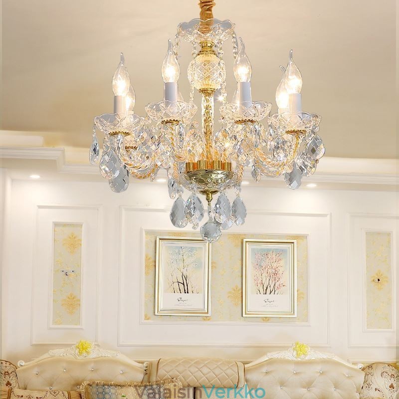 Eurooppalainen kirkas kristallikruunu lasilamppurunko 8 valoa kultainen kattolamppu