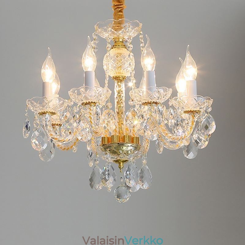 Eurooppalainen kirkas kristallikruunu lasilamppurunko 8 valoa kultainen kattolamppu