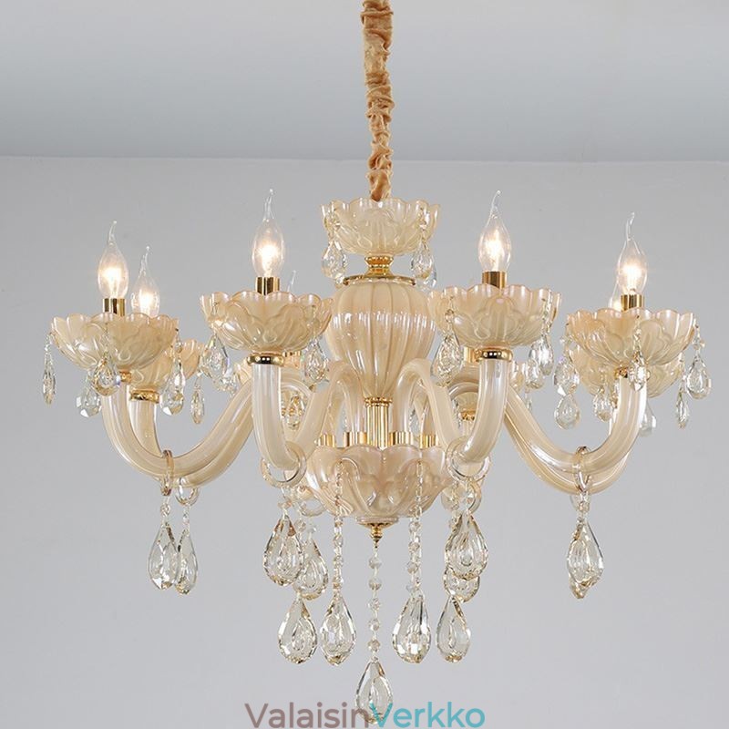 Silmiä hivelevä kristallikruunu eurooppalainen konjakkivärinen kattolamppu lasirunko 8 valoa