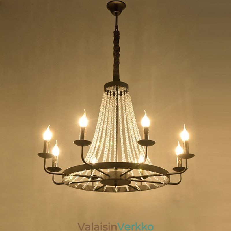 Vintage kristalliriippuvalaisin musta rauta kynttilän kattokruunu