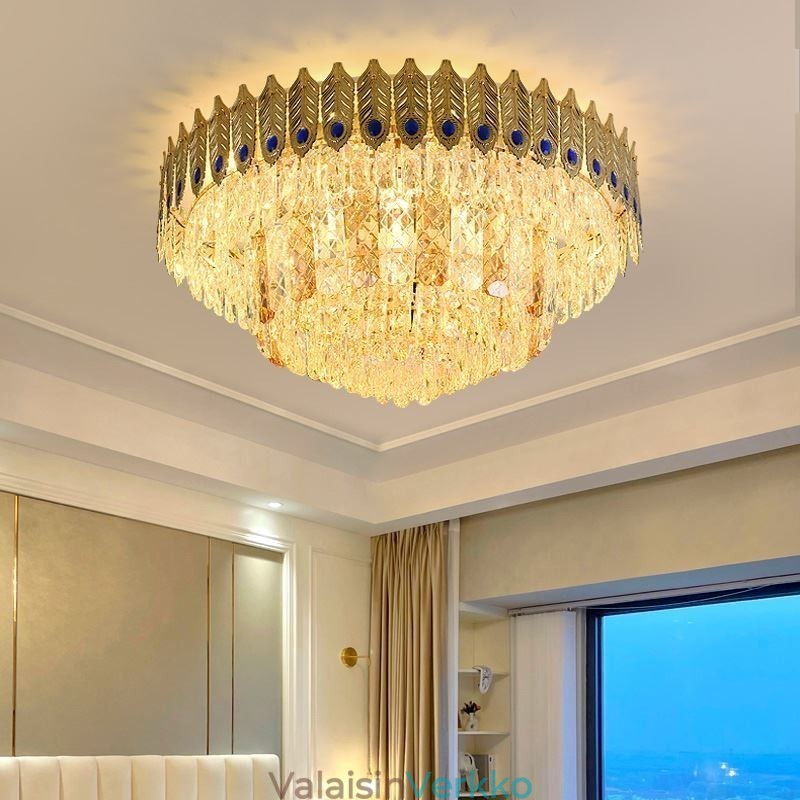 Crystal Flush Mount Pyöreä galvanoitu Phoenix Tail Gold Ylellinen koristeellinen kattovalo