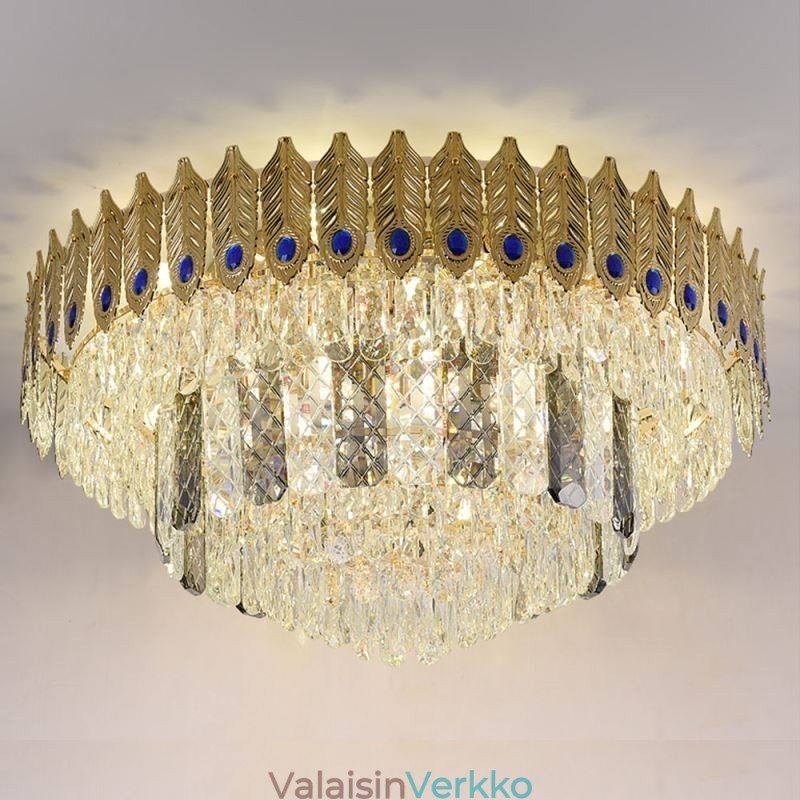 Crystal Flush Mount Pyöreä galvanoitu Phoenix Tail Gold Ylellinen koristeellinen kattovalo