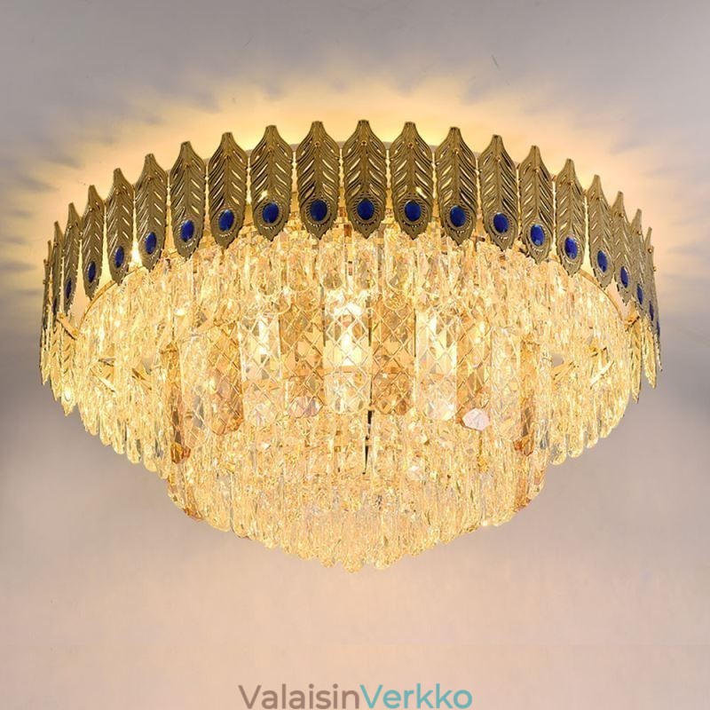Crystal Flush Mount Pyöreä galvanoitu Phoenix Tail Gold Ylellinen koristeellinen kattovalo