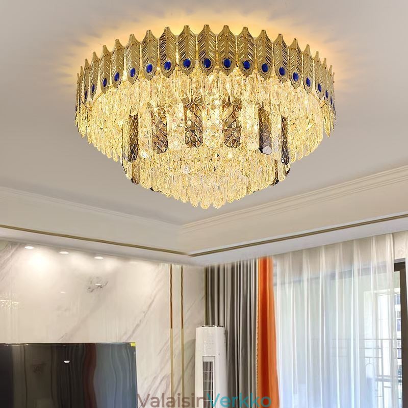 Crystal Flush Mount Pyöreä galvanoitu Phoenix Tail Gold Ylellinen koristeellinen kattovalo