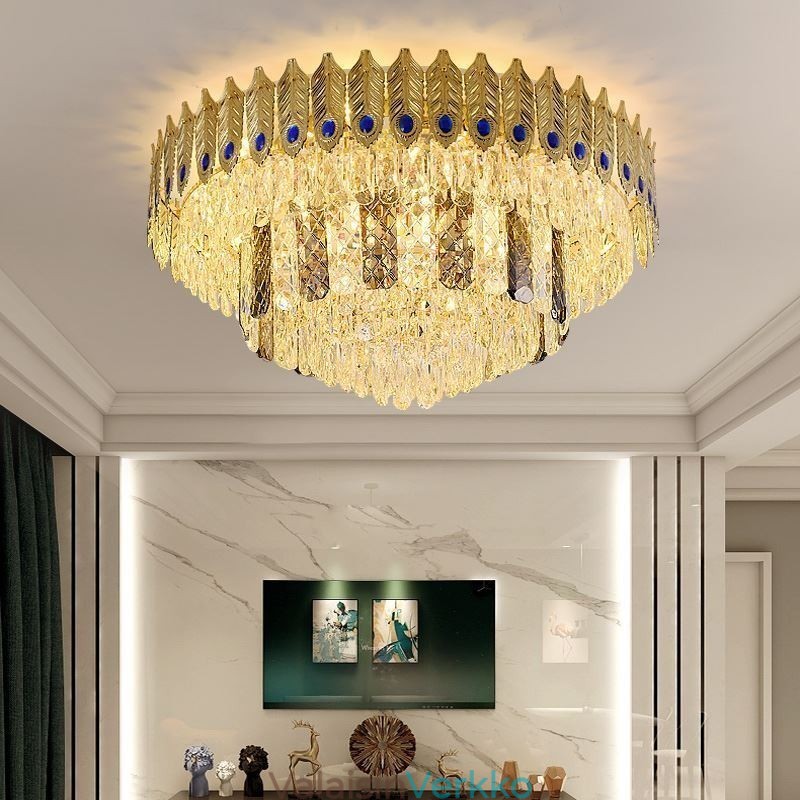 Crystal Flush Mount Pyöreä galvanoitu Phoenix Tail Gold Ylellinen koristeellinen kattovalo