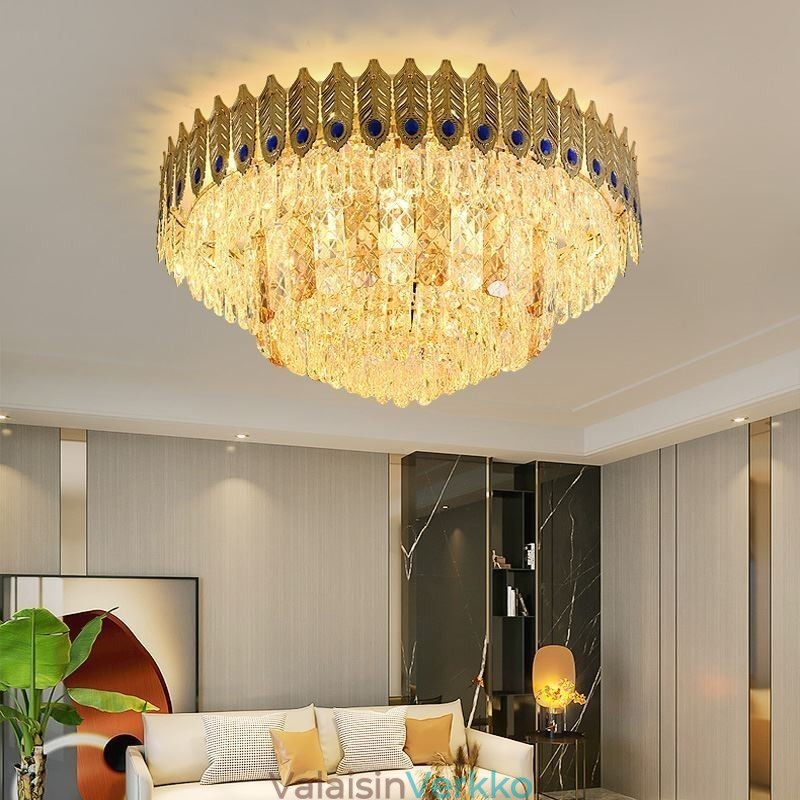 Crystal Flush Mount Pyöreä galvanoitu Phoenix Tail Gold Ylellinen koristeellinen kattovalo