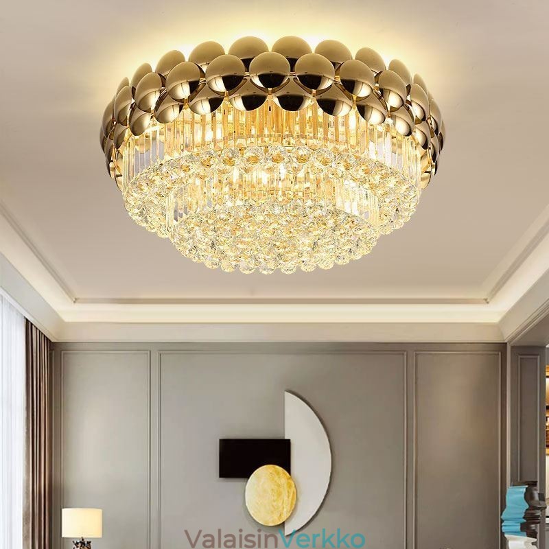 Crystal Flush Mount Pyöreä galvanoitu kultainen Ylellinen koristeellinen kattovalaisin 80 cm