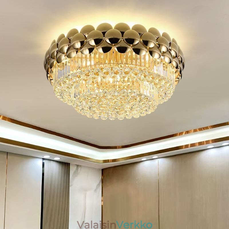 Crystal Flush Mount Pyöreä galvanoitu kultainen Ylellinen koristeellinen kattovalaisin 80 cm