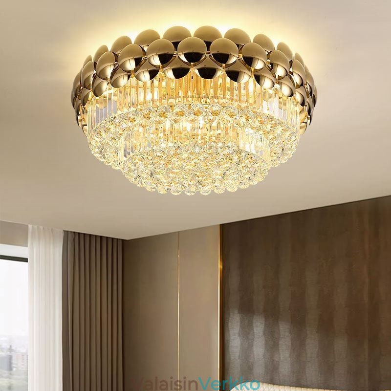 Crystal Flush Mount Pyöreä galvanoitu kultainen Ylellinen koristeellinen kattovalaisin 80 cm